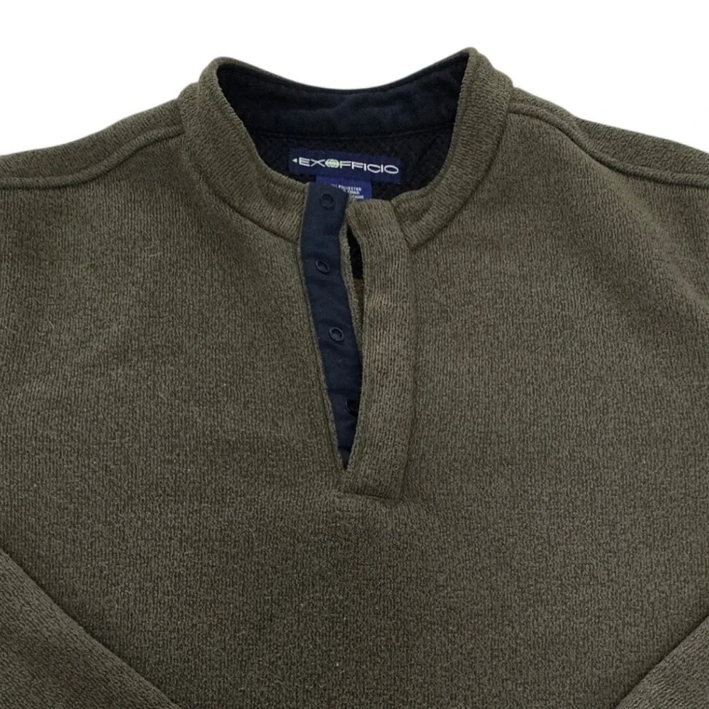 ExOfficio Mens L‎ Olive Green Fleece Henley Pullover Sleeve Pocket Sweater